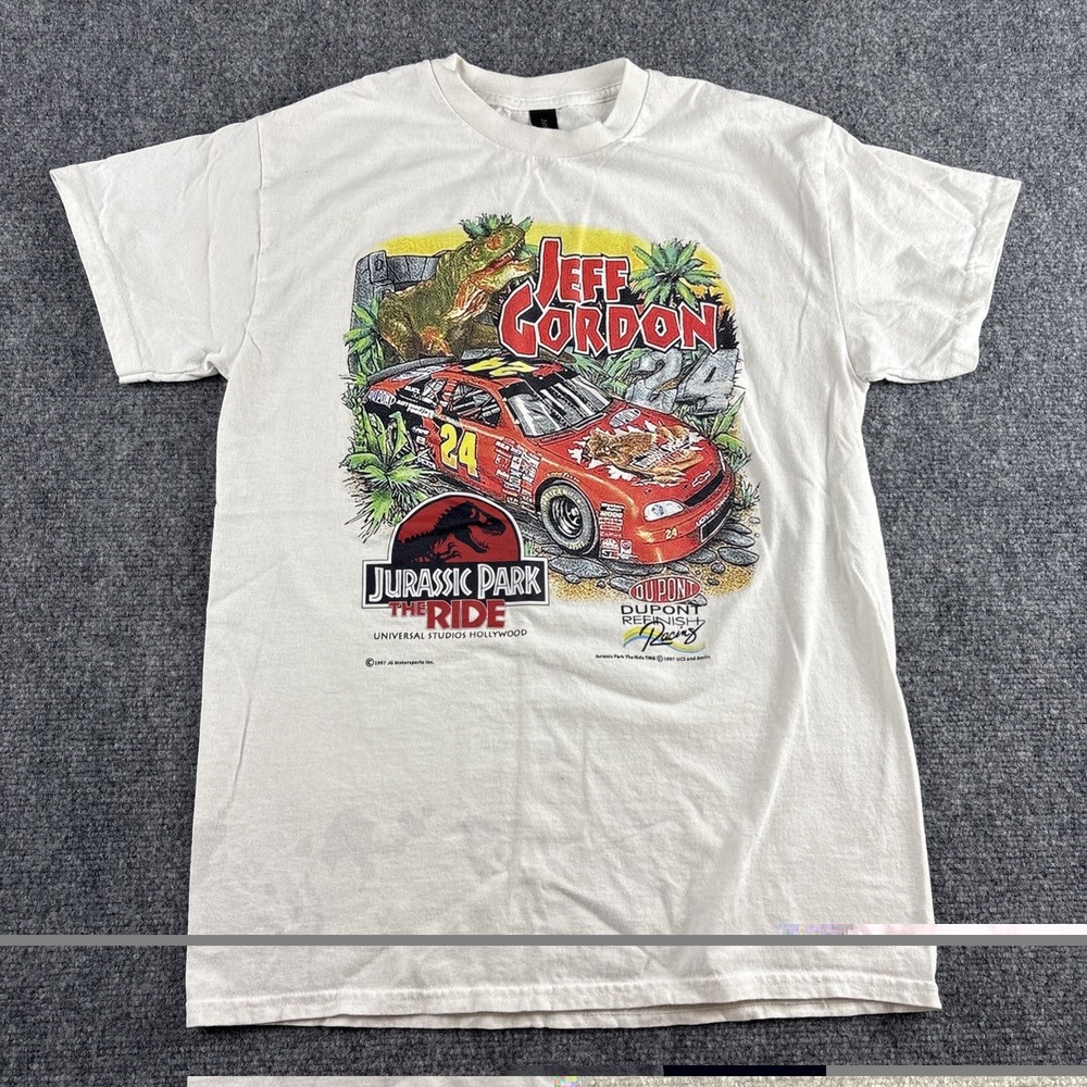 Jeff Gordon Jurassic Park The Ride T-Shirt NASCAR Retro Graphic White Mens M